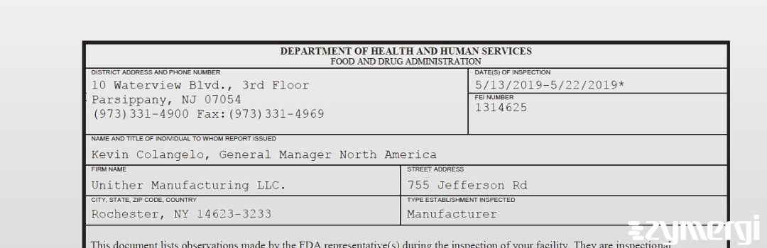 FDANews 483 Unither Manufacturing LLC. May 22 2019 top