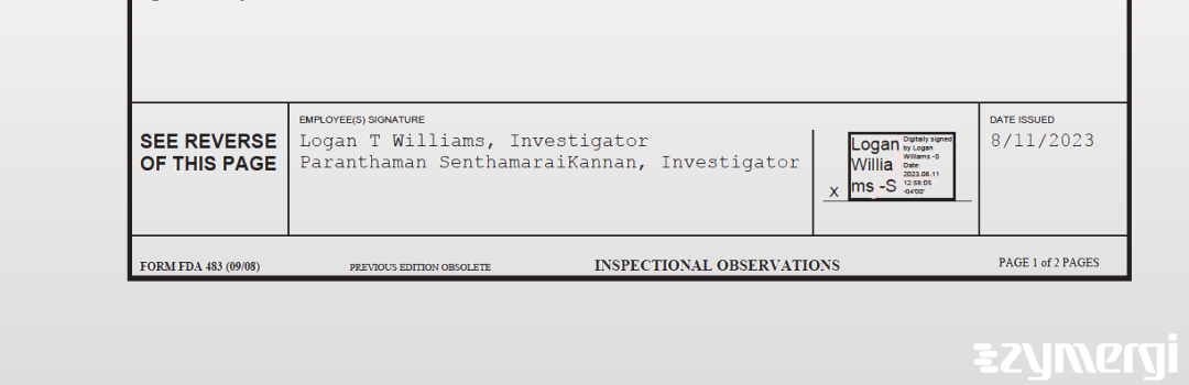 Logan T. Williams FDA Investigator Paranthaman SenthamaraiKannan FDA Investigator Nicholas L. Paulin FDA Investigator