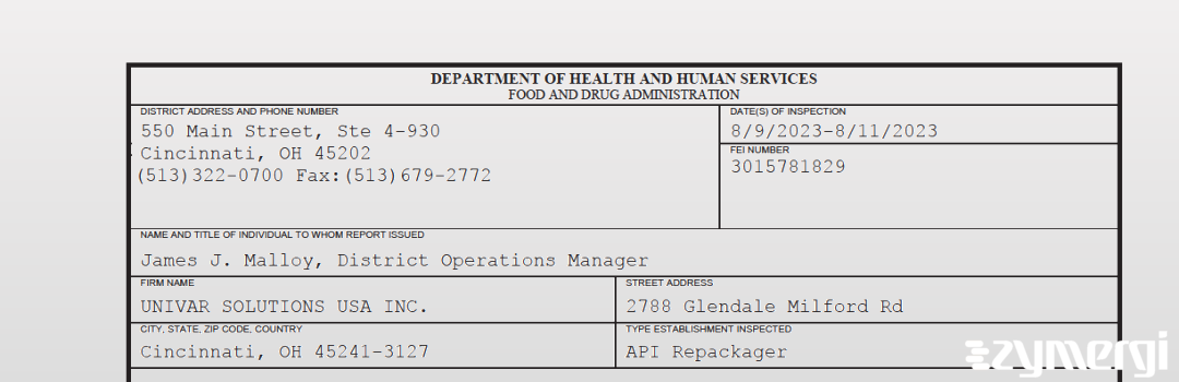 FDANews 483 Univar Solutions USA Inc Aug 11 2023 top