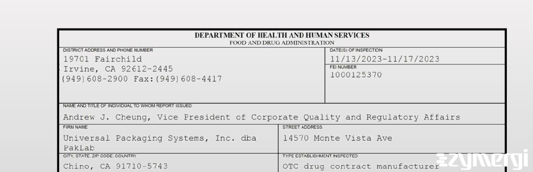 FDANews 483 Universal Packaging Systems, Inc. (dba PakLab) Nov 17 2023 top