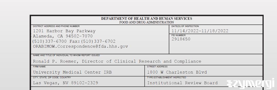 FDANews 483 University Medical Center IRB Nov 18 2022 top