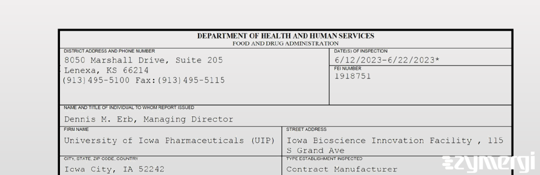 FDANews 483 University of Iowa Pharmaceuticals (UIP) Jun 22 2023 top