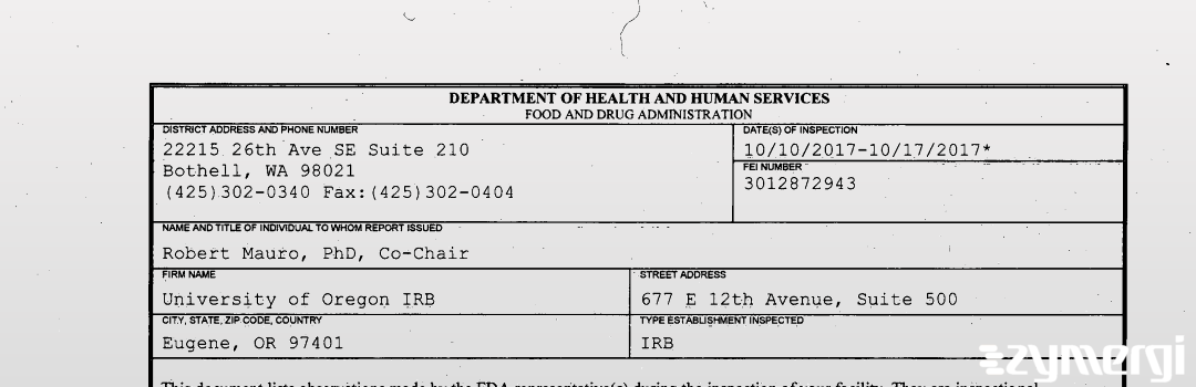 FDANews 483 University of Oregon IRB Oct 17 2017 top