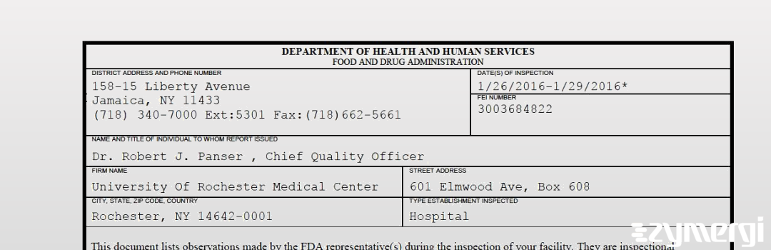 FDANews 483 University Of Rochester Medical Center Jan 29 2016 top