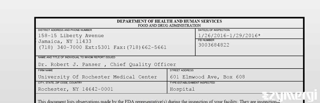 FDANews 483 University Of Rochester Medical Center Jan 29 2016 top
