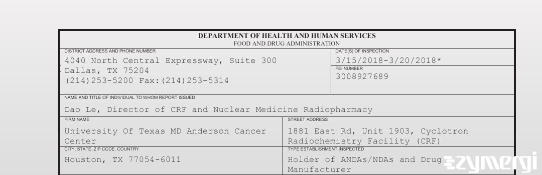 FDANews 483 University of Texas MD Anderson Cancer Center Mar 20 2018 top