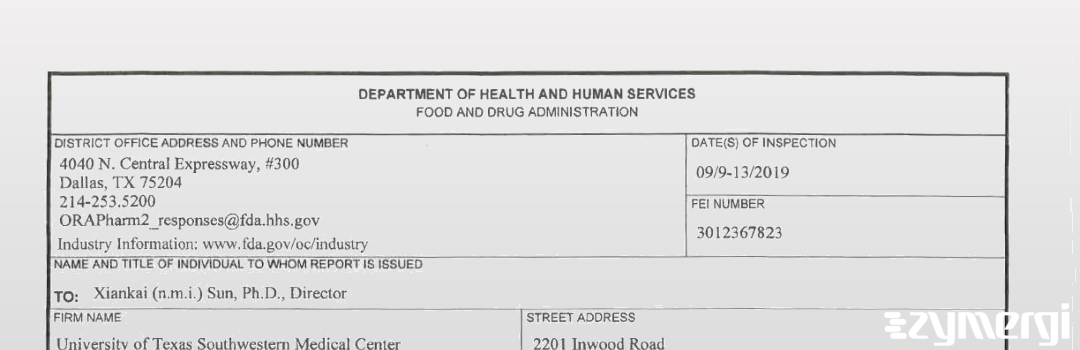 FDANews 483 University of Texas Southwestern Medical Center, The Sep 13 2019 top