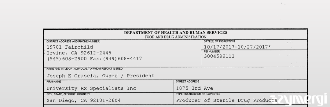 FDANews 483 University Rx Specialists Inc Oct 27 2017 top