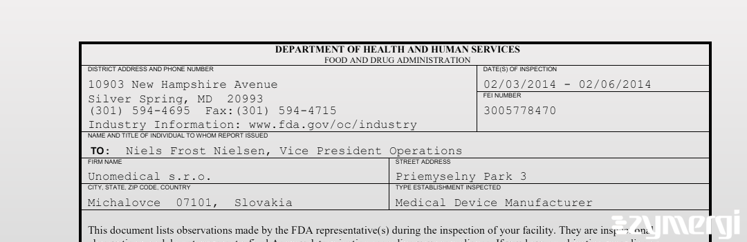 FDAzilla 483 Unomedical s.r.o. Feb 6 2014 top