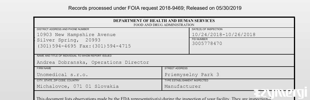 FDANews 483 Unomedical s.r.o. Oct 26 2018 top