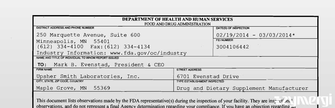 FDANews 483 Upsher Smith Laboratories, Inc. Mar 3 2014 top