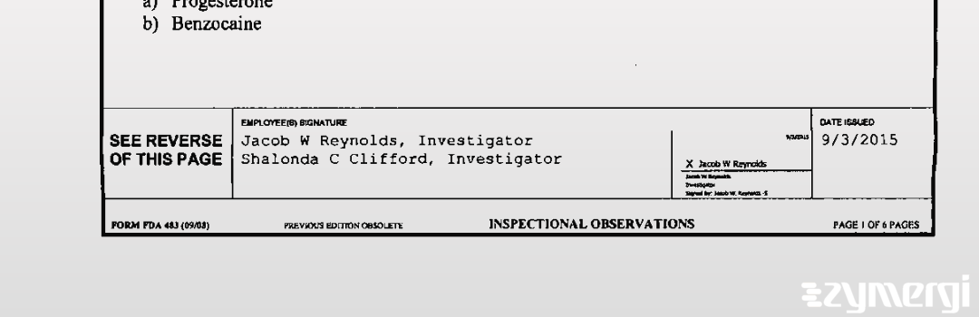 Jacob W. Reynolds FDA Investigator Shalonda C. Clifford FDA Investigator