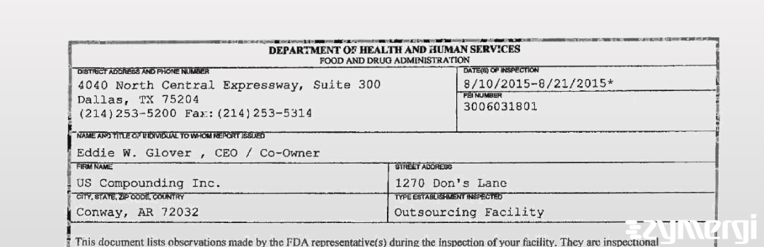 FDANews 483 US Compounding Inc Aug 21 2015 top