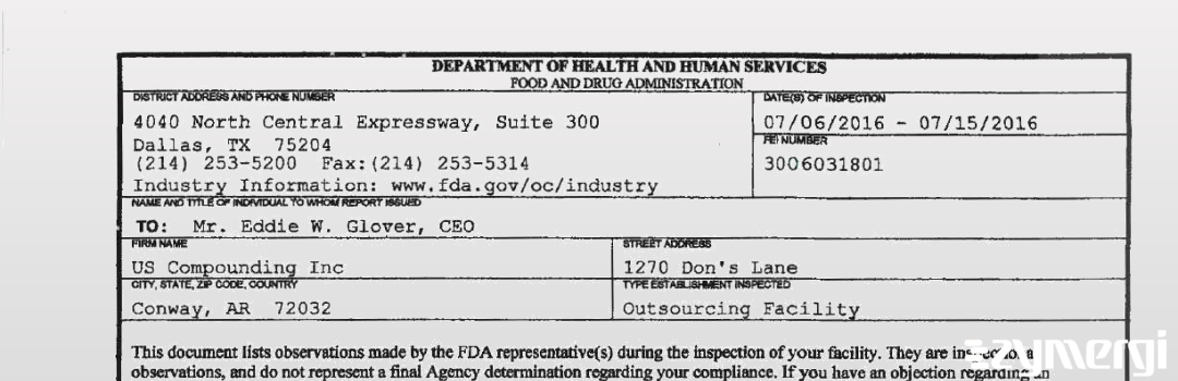 FDANews 483 US Compounding Inc Jul 15 2016 top