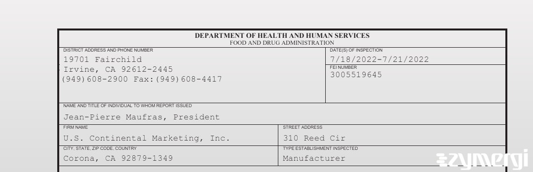 FDANews 483 U.S. Continental Marketing, Inc. Jul 21 2022 top