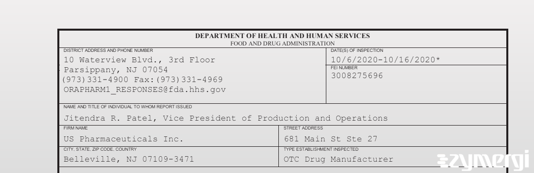 FDANews 483 US Pharmaceuticals Inc. Oct 16 2020 top