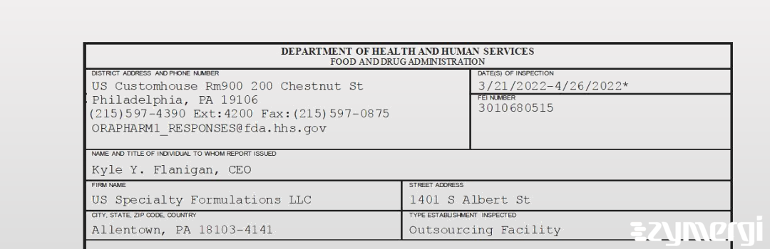 FDANews 483 US Specialty Formulations LLC Apr 26 2022 top