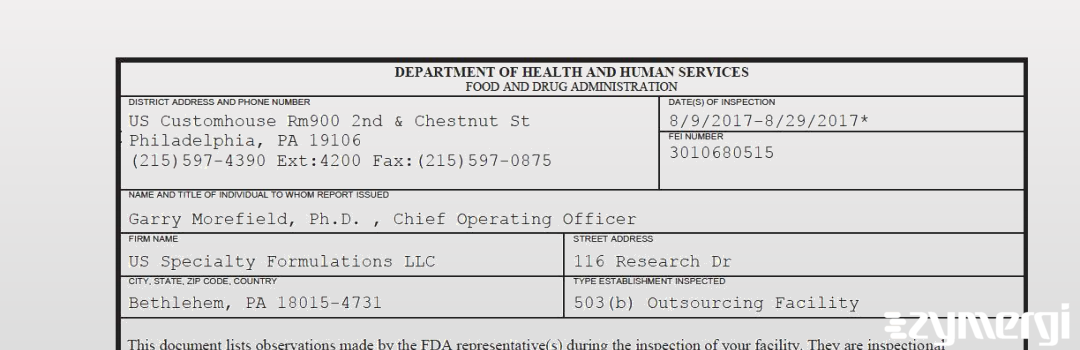 FDANews 483 US Specialty Formulations LLC Aug 29 2017 top