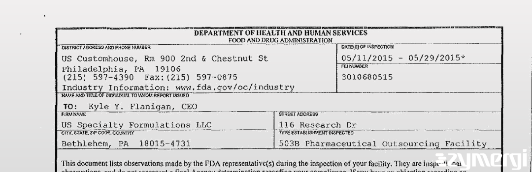 FDANews 483 US Specialty Formulations LLC May 29 2015 top