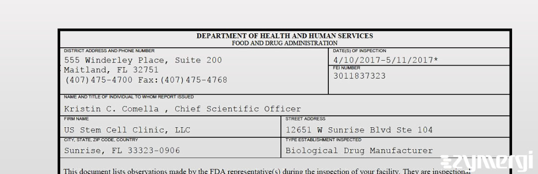 FDANews 483 US Stem Cell Clinic, LLC May 11 2017 top