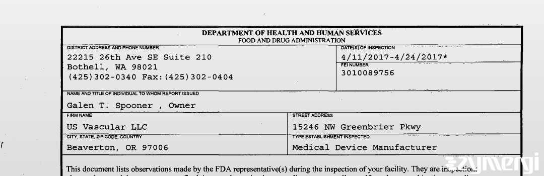 FDANews 483 US Vascular, LLC Apr 24 2017 top