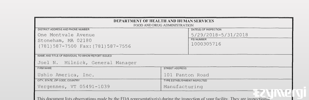 FDANews 483 Ushio America, Inc. May 31 2018 top