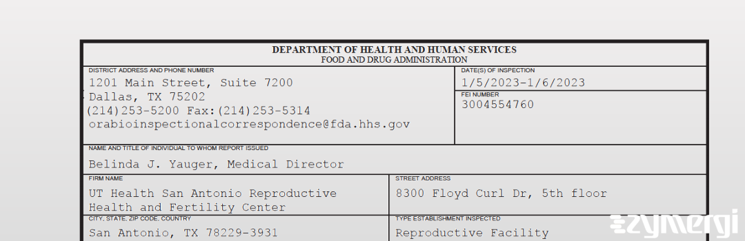 FDANews 483 UT Health San Antonio Reproductive Health and Fertility Center Jan 6 2023 top