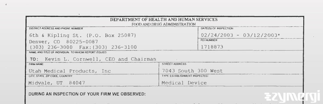 FDANews 483 Utah Medical Products, Inc Mar 12 2003 top