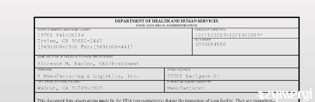 FDANews 483 V Manufacturing & Logistics, Inc. Dec 16 2019 top