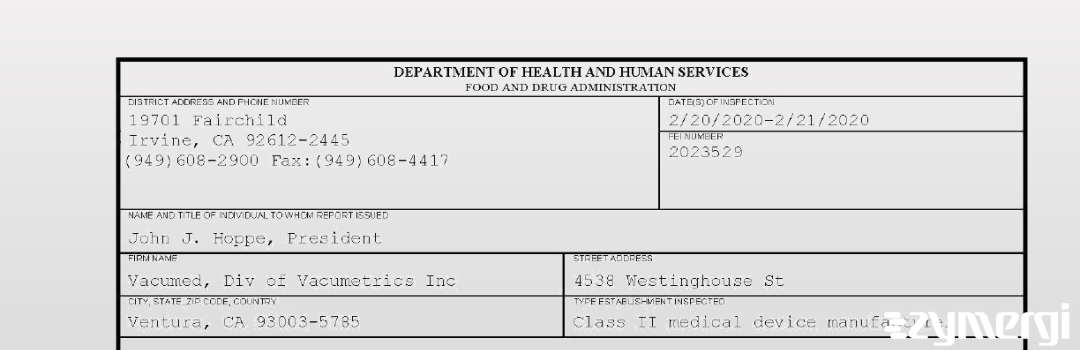 FDANews 483 Vacumed, Div of Vacumetrics Inc Feb 21 2020 top