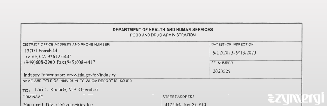 FDANews 483 Vacumed, Div of Vacumetrics Inc Sep 13 2023 top