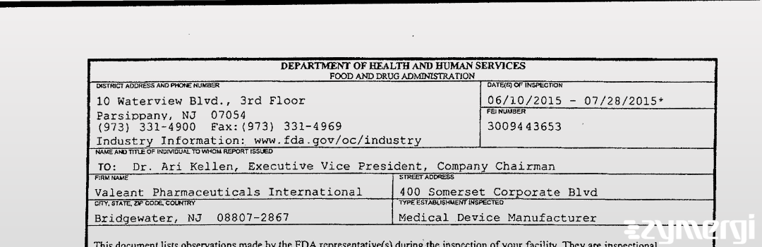 FDANews 483 Valeant Pharmacueticals International Jul 28 2015 top