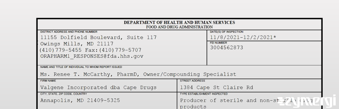 FDANews 483 Valgene Incorporated dba Cape Drugs Dec 2 2021 top