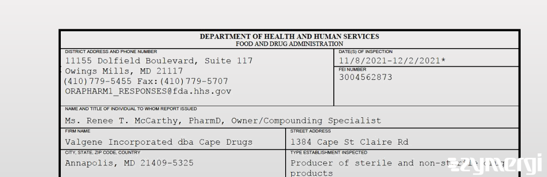FDANews 483 Valgene Incorporated dba Cape Drugs Dec 2 2021 top