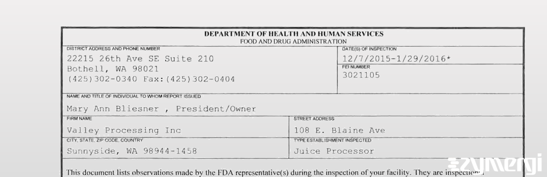 FDANews 483 Valley Processing Inc Jan 29 2016 top