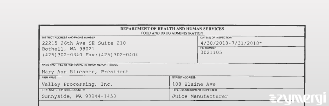 FDANews 483 Valley Processing Inc Jul 31 2018 top