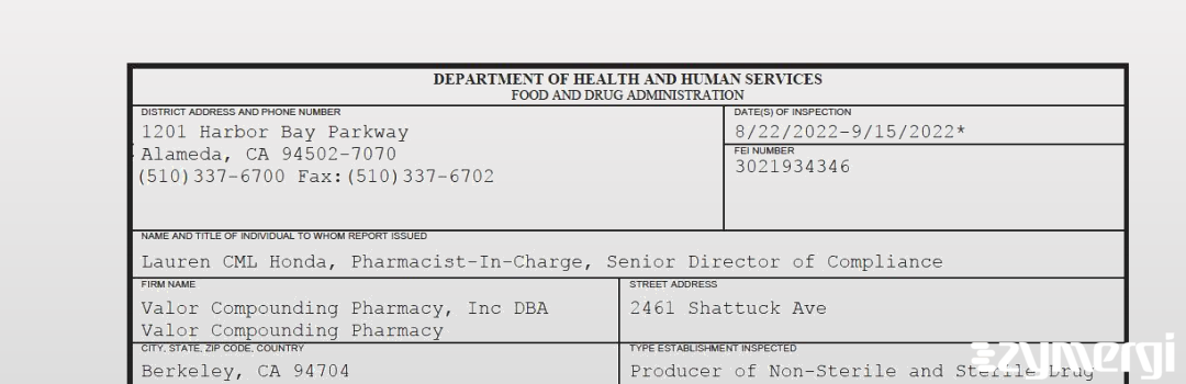 FDANews 483 Valor Compounding Pharmacy, Inc DBA  Valor Compounding Pharmacy Sep 15 2022 top