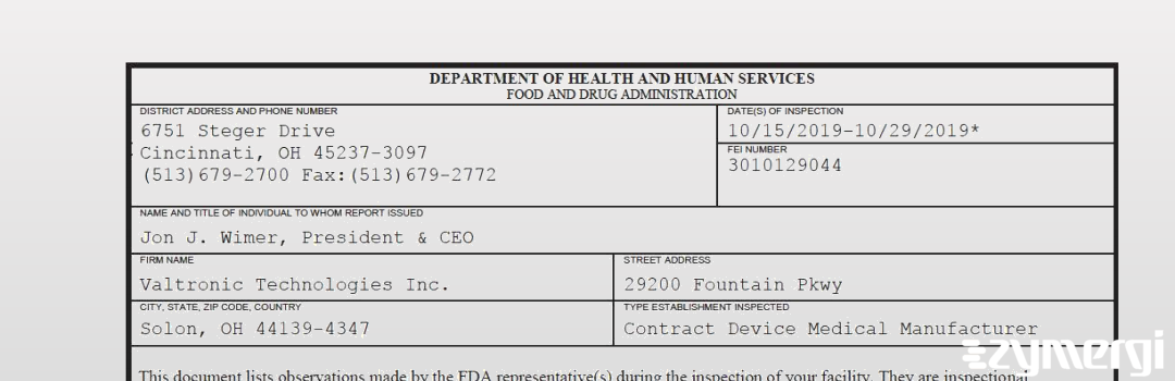 FDANews 483 Valtronic Technologies Inc. Oct 29 2019 top