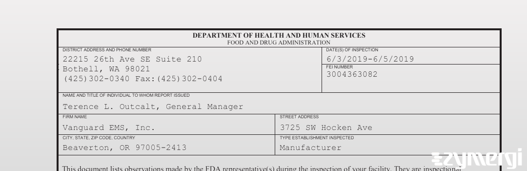 FDANews 483 Vanguard EMS, Inc. Jun 5 2019 top