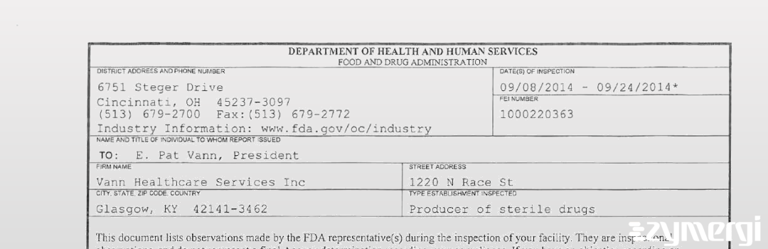 FDANews 483 Vann Healthcare Services Inc Sep 24 2014 top