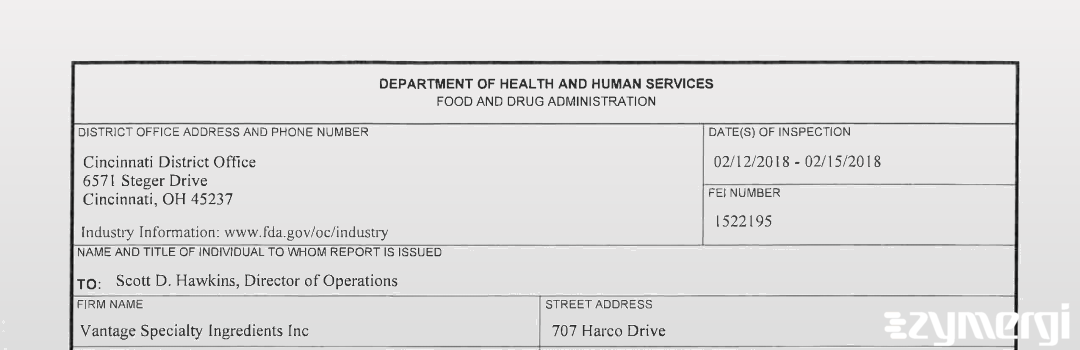 FDANews 483 Vantage Specialty Ingredients Inc Feb 15 2018 top