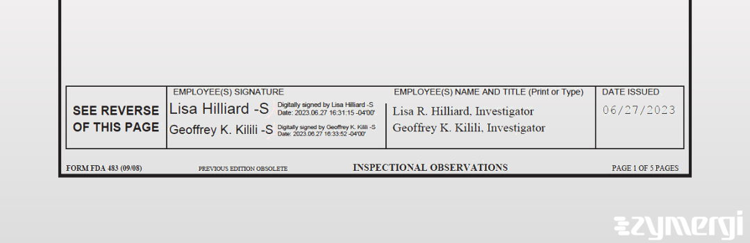 Geoffrey K. Kilili FDA Investigator Lisa R. Hilliard FDA Investigator