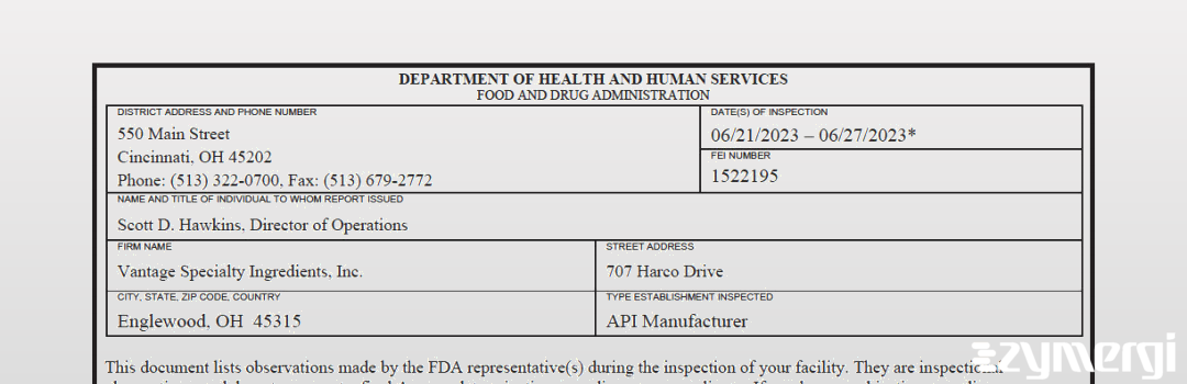 FDANews 483 Vantage Specialty Ingredients Inc Jun 27 2023 top