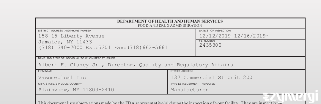 FDANews 483 Vasomedical Inc Dec 16 2019 top