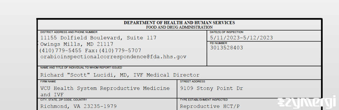 FDANews 483 VCU Health System Reproductive Medicine and IVF May 12 2023 top