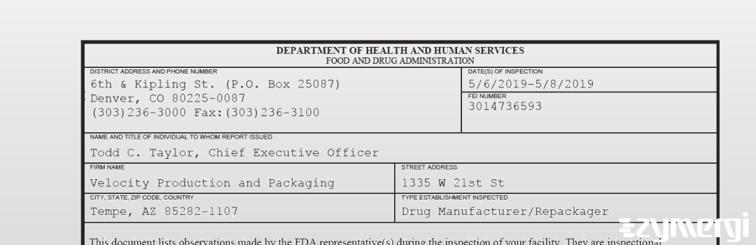 FDANews 483 Velocity Production and Packaging May 8 2019 top