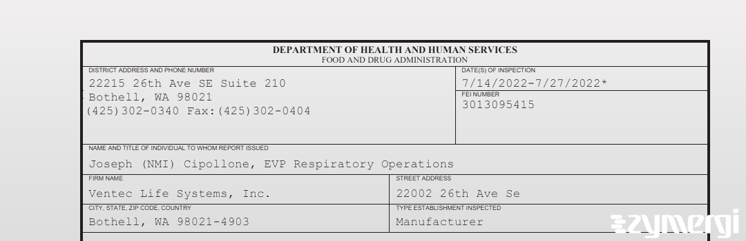 FDANews 483 Ventec Life Systems, Inc. Jul 27 2022 top