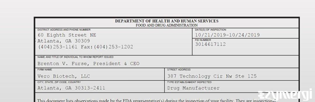 FDANews 483 Vero Biotech, LLC Oct 24 2019 top