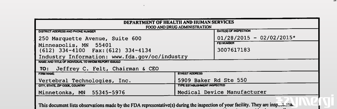 FDANews 483 Vertebral Technologies, Inc. Feb 2 2015 top