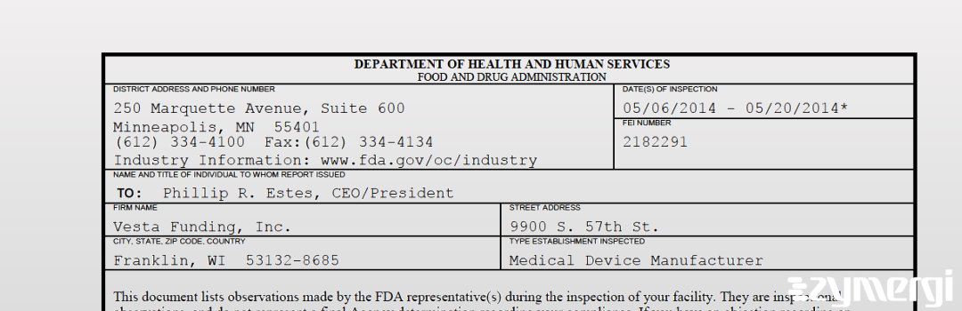 FDANews 483 Vesta Funding, Inc. May 20 2014 top